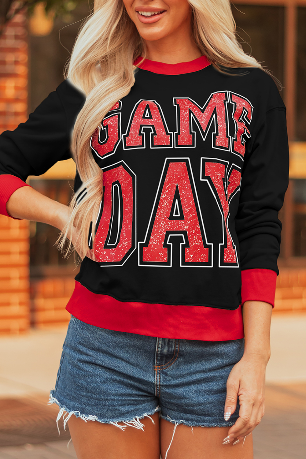 Black GAME DAY Letter Graphic Varsity Striped Detail Baggy Sweatshirt - loveforevers