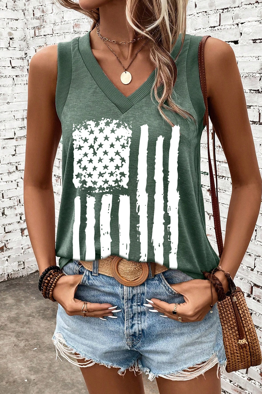 Mist Green Frayed American Flag Printed V Neck Tank Top - loveforevers