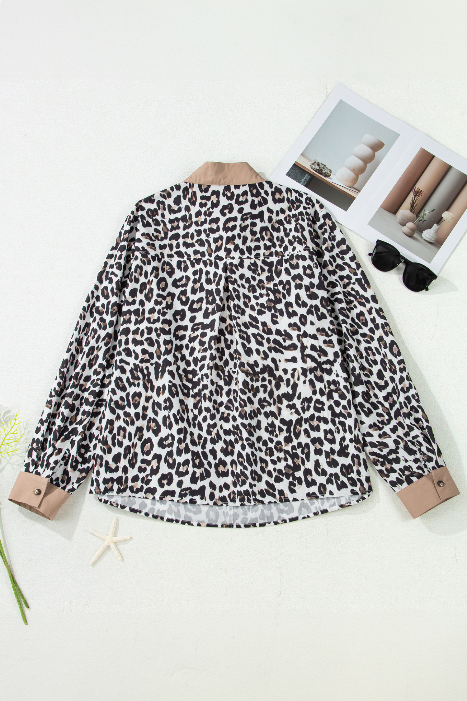 Multicolour Leopard Print Contrast Trim Button Split Neck Plus Long Sleeve Top - loveforevers
