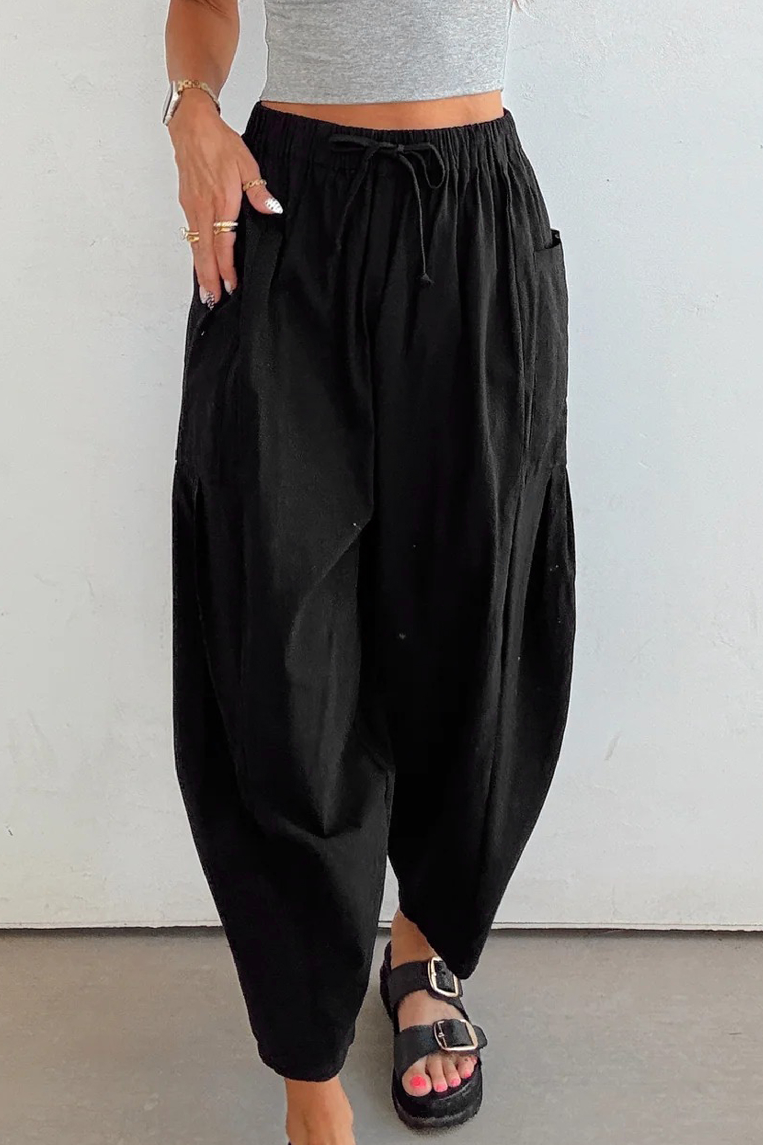 Black Drawstring Elastic Waist Patch Pocket Barrel Leg Casual Pants - loveforevers