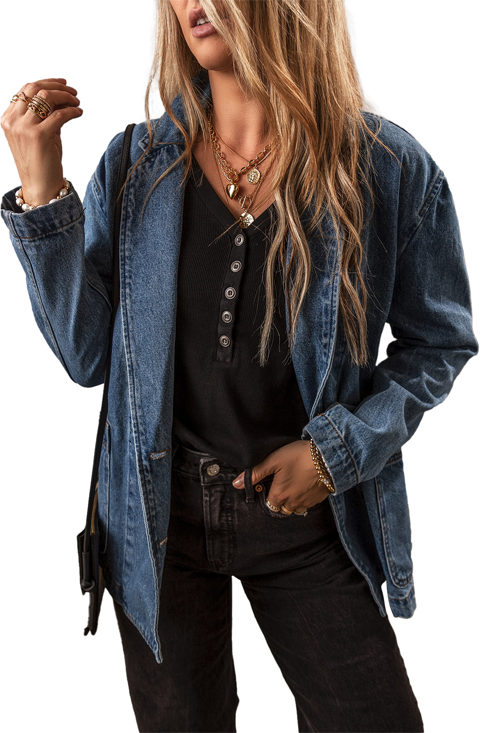 Black Side Pockets Lapel Collar Denim Jacket - loveforevers