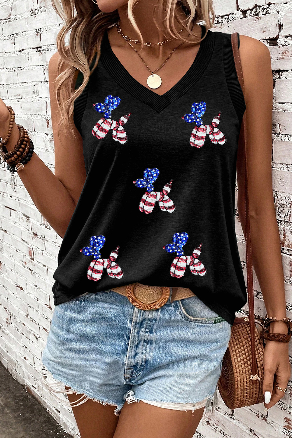Black Flag Pattern Sequined Balloon Dog Graphic Loose Tank Top - loveforevers
