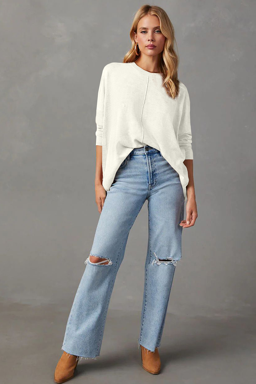 White Front Center Seam Drop Shoulder Pullover Solid Sweater - loveforevers