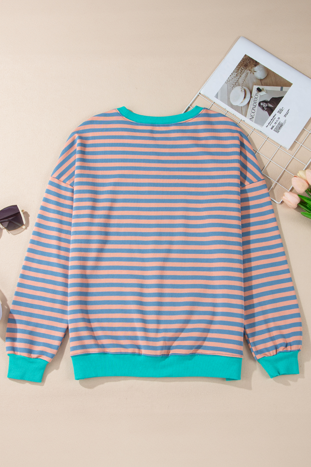Red Stripe Contrast Ribbed Trim Crossed Stitch Drop Shoulder Sweatshirt - loveforevers