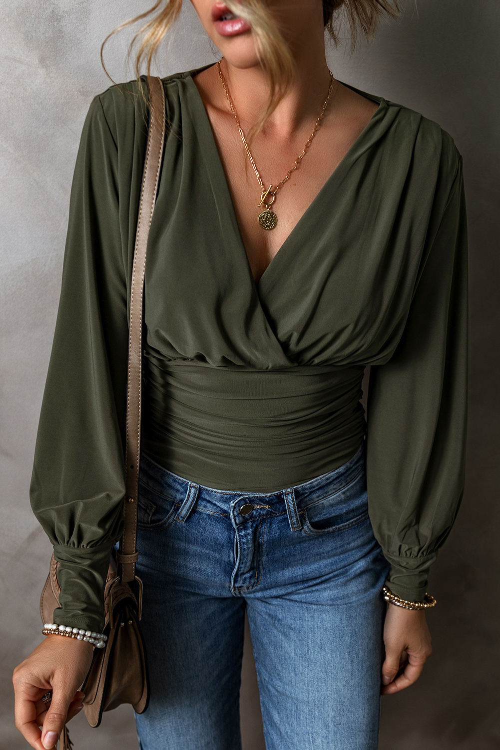 Moss Green Ruched Wrap V Neck Long Sleeve Bodysuit - loveforevers