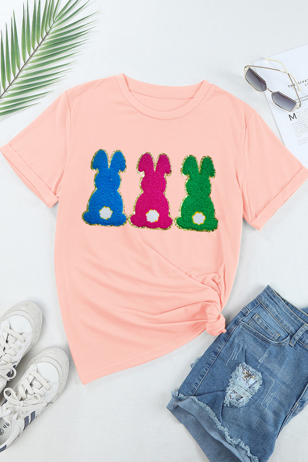 Pink Easter Bunny Chenille Patched Graphic Tee - loveforevers