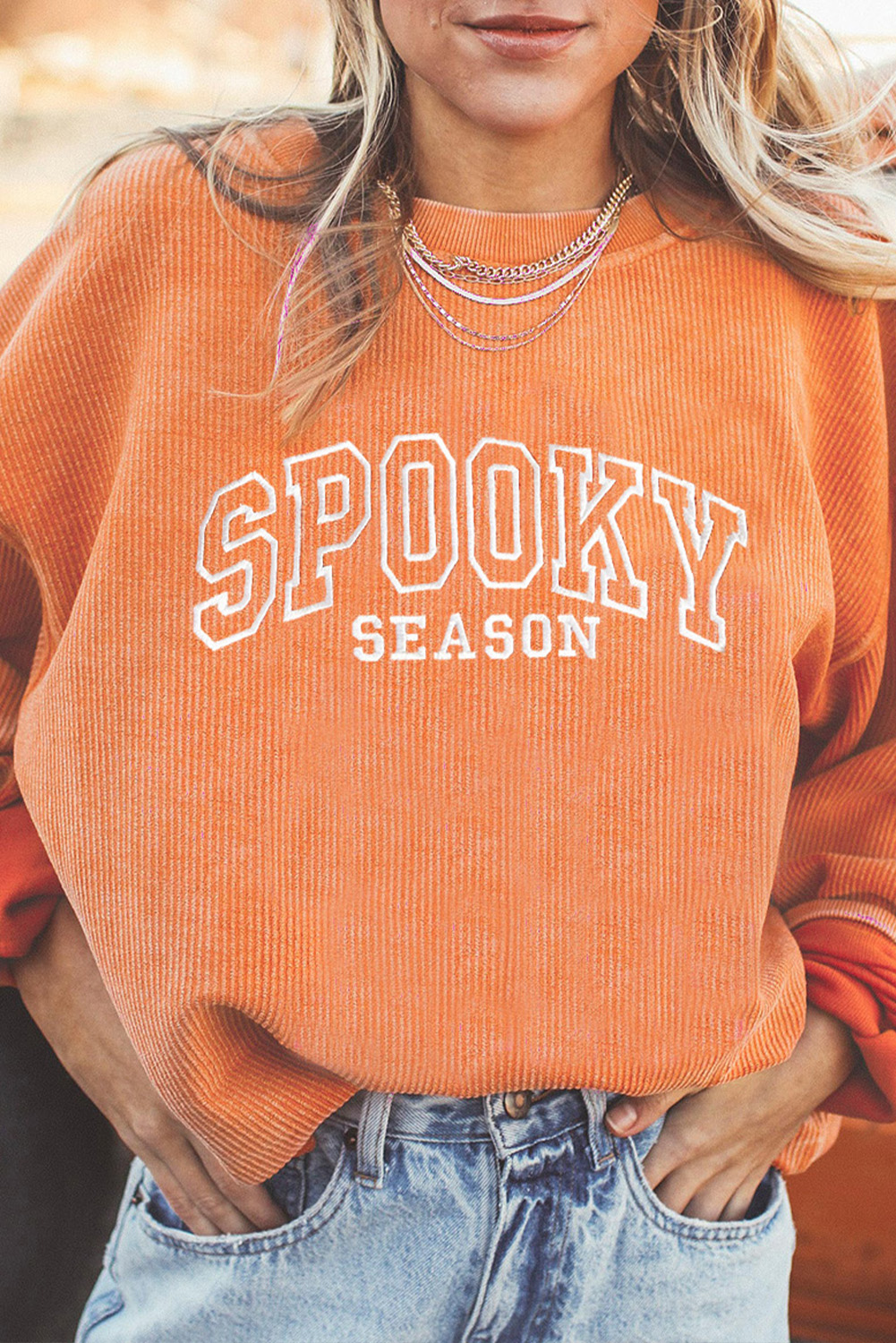 Orange SPOOKY SEASON Embroidered Letter Graphic Twisted Ribbed Sweatshirt - loveforevers