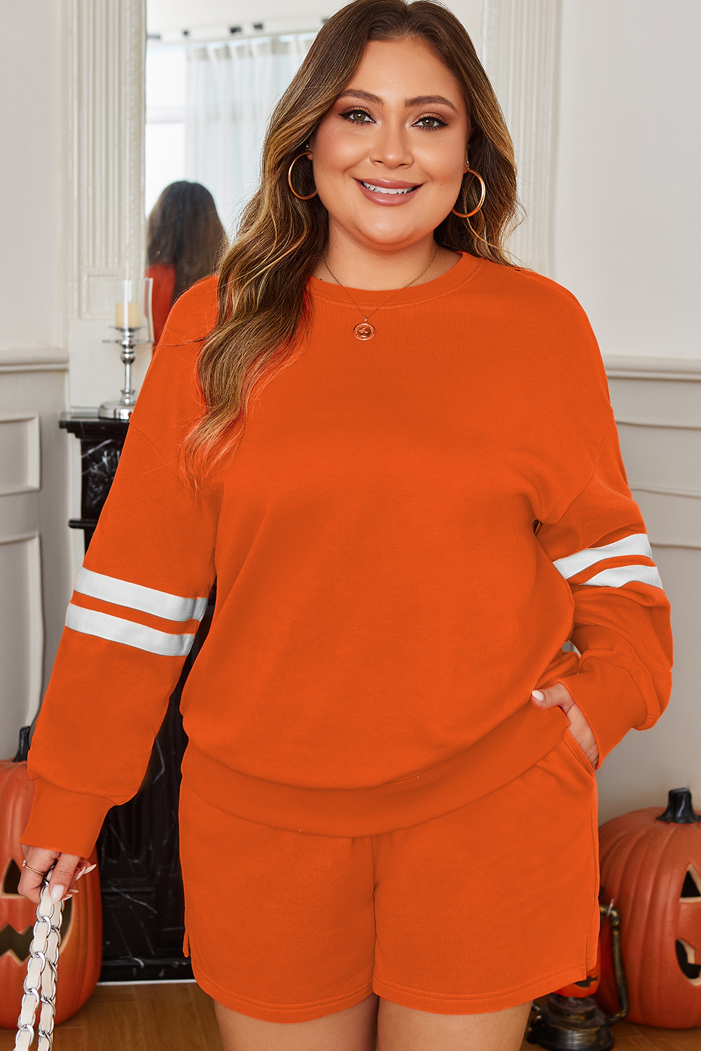 Orange Plus Size Varsity Striped Drop Shoulder Pullover Drawstring Elastic Waistband Short Set - loveforevers