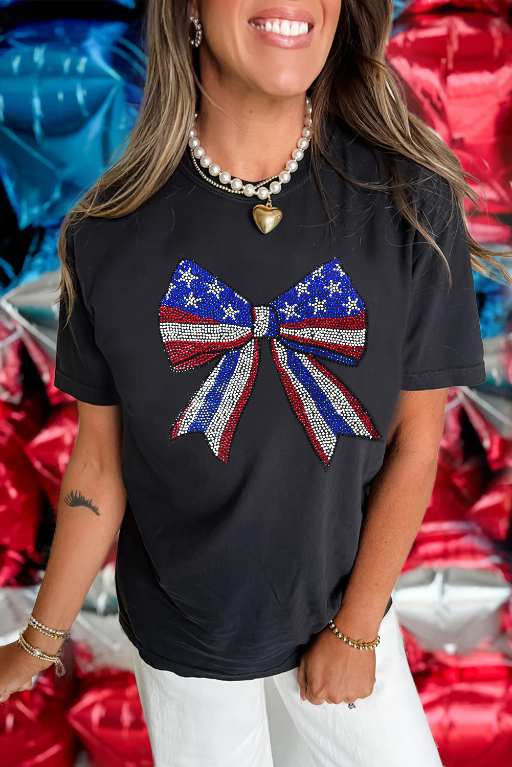 Black Rhinestone Stars and Stripes Bow Graphic Independence Day T Shirt - loveforevers