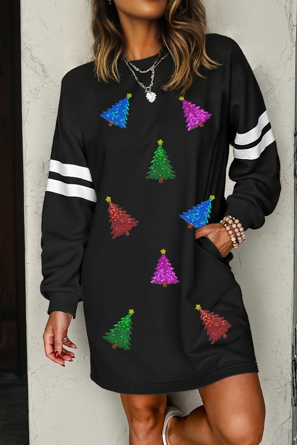 Black Colorful Sequin Christmas Tree Patched Varsity Sweatshirt Dress - loveforevers