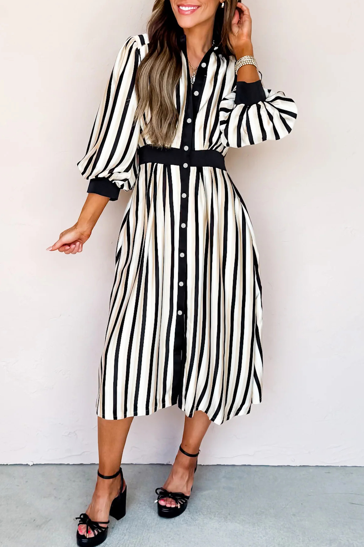 Black Stripe 3/4 Puff Sleeve Shirt Style Button Down Midi Dress - loveforevers