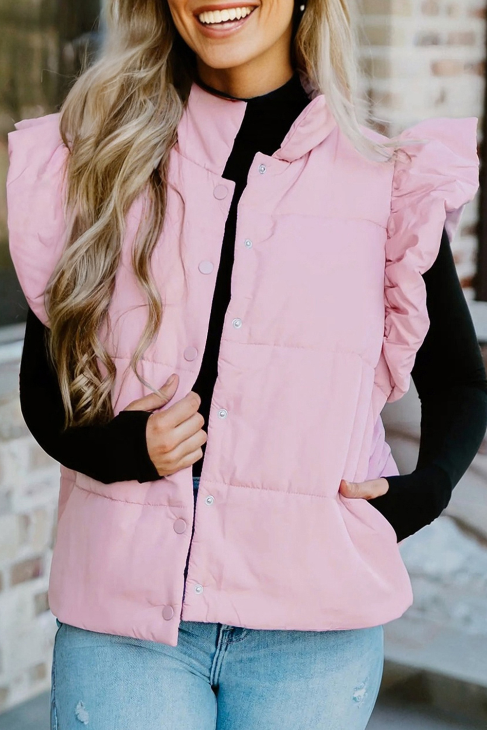 Pink Stand Neck Flutter Sleeve Snap Button Puffer Vest - loveforevers