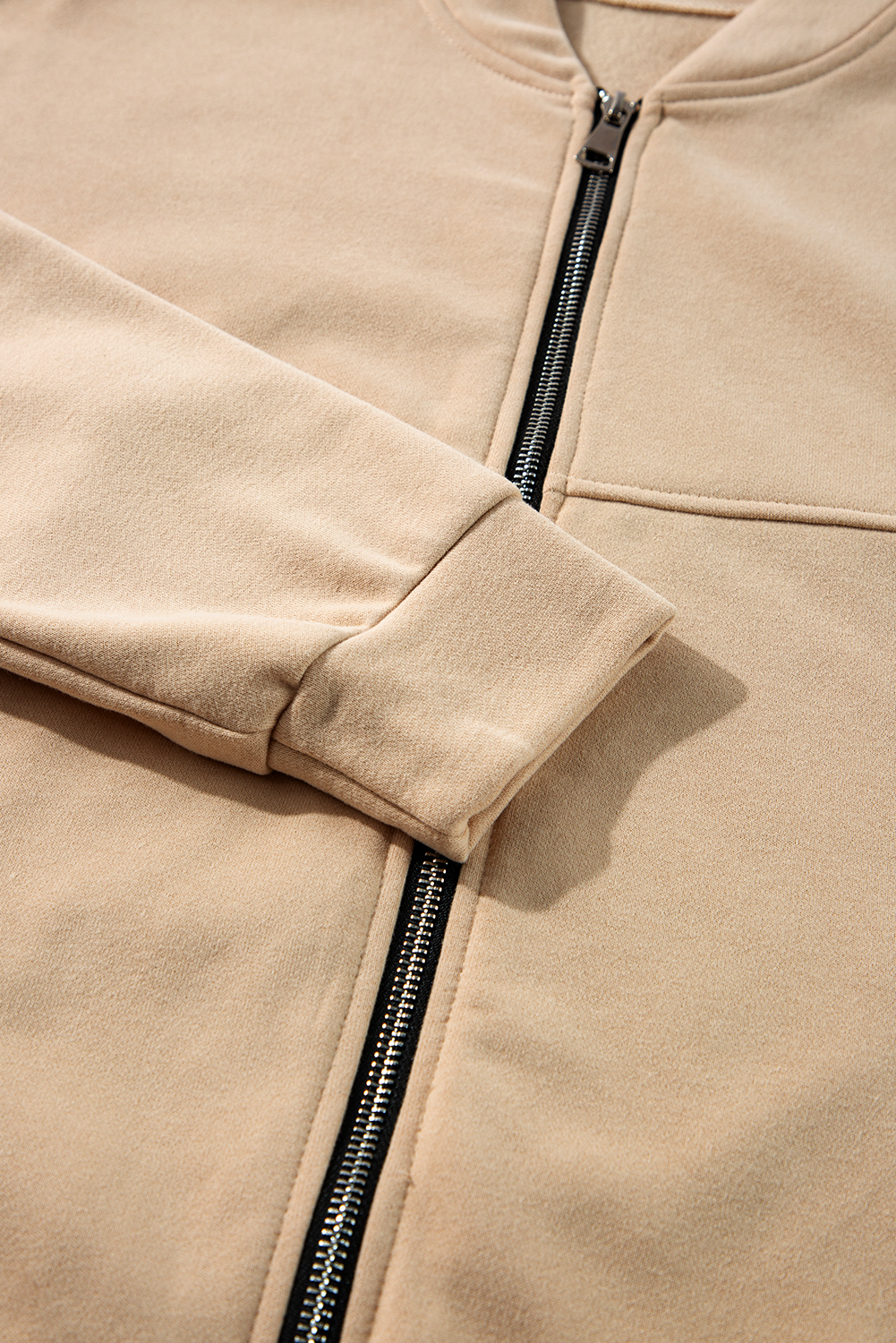 Apricot Solid Seamed Zipper Jacket and Drawstring Waist Pants Set - loveforevers