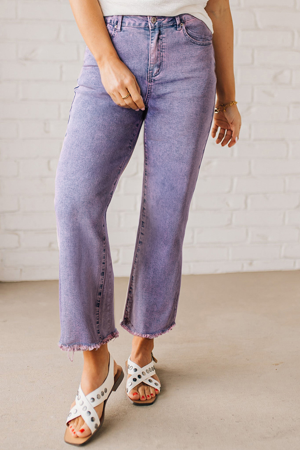 Orchid Petal Vintage Wash Frayed Hem Ankle-length Jeans - loveforevers