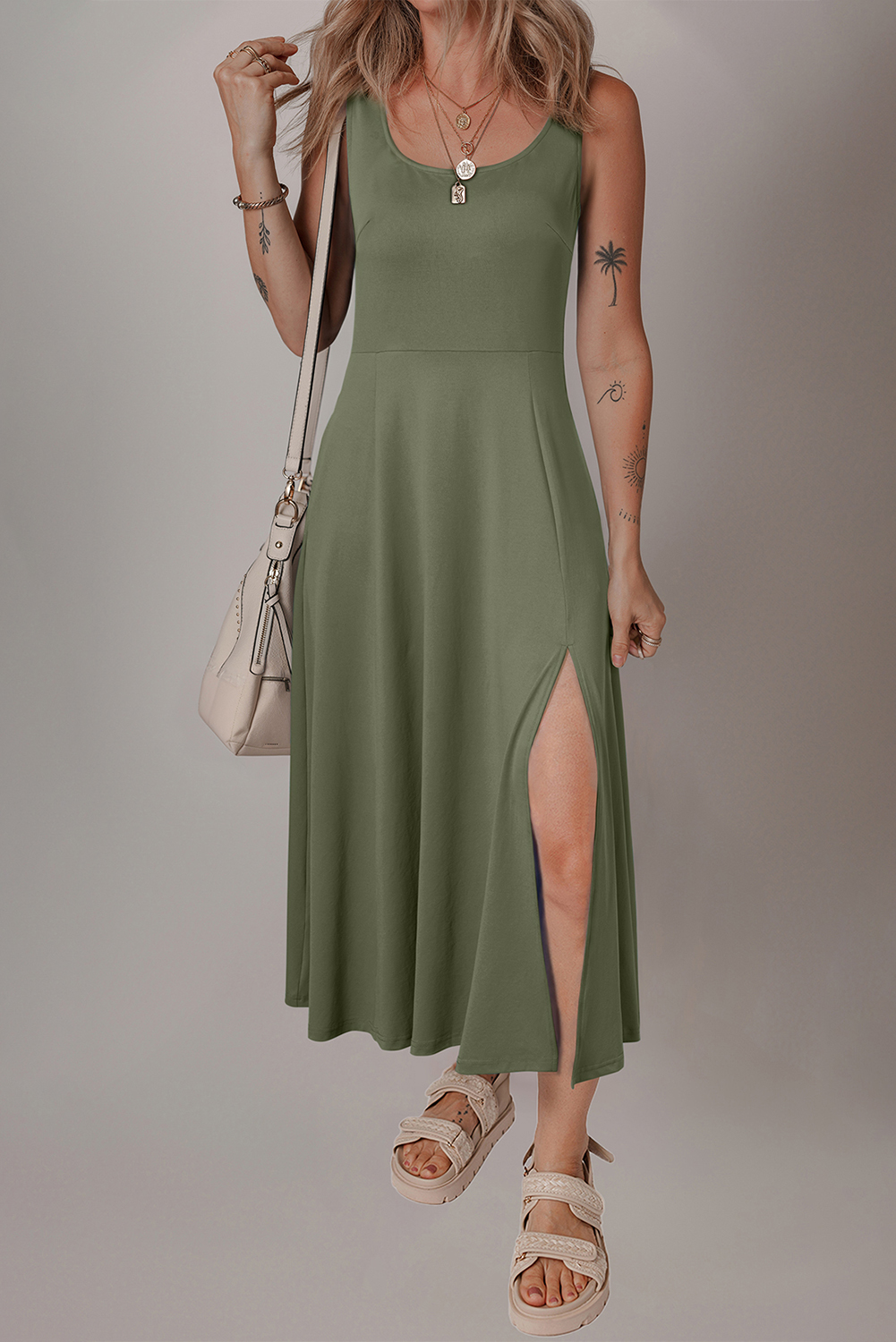Black Sleeveless Scoop Neck Flared Split Midi Dress - loveforevers