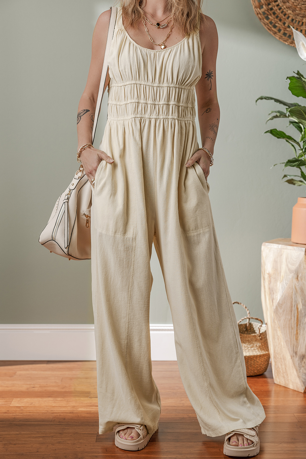 Beige Ruched High Waist Sleeveless Wide Leg Jumpsuit - loveforevers