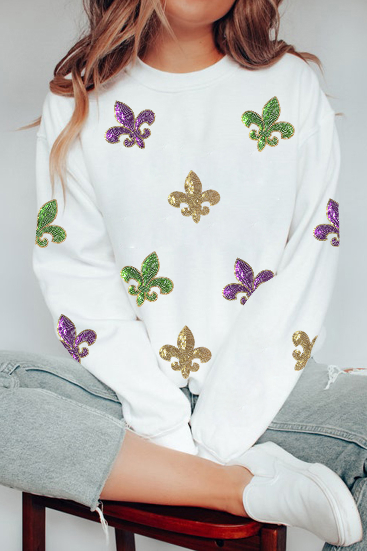 White Sequin Fleur De Lis Mardi Gras Graphic Pullover Sweatshirt - loveforevers