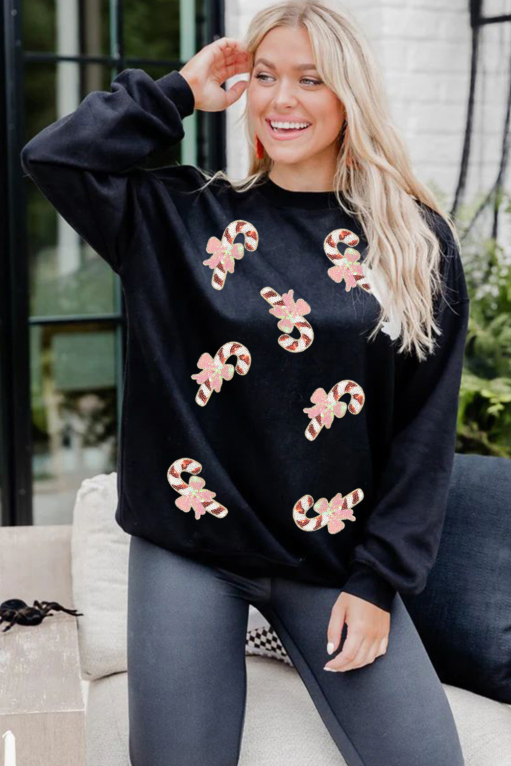 Black Christmas Candy Cane Sequin Patch Baggy Sweatshirt - loveforevers