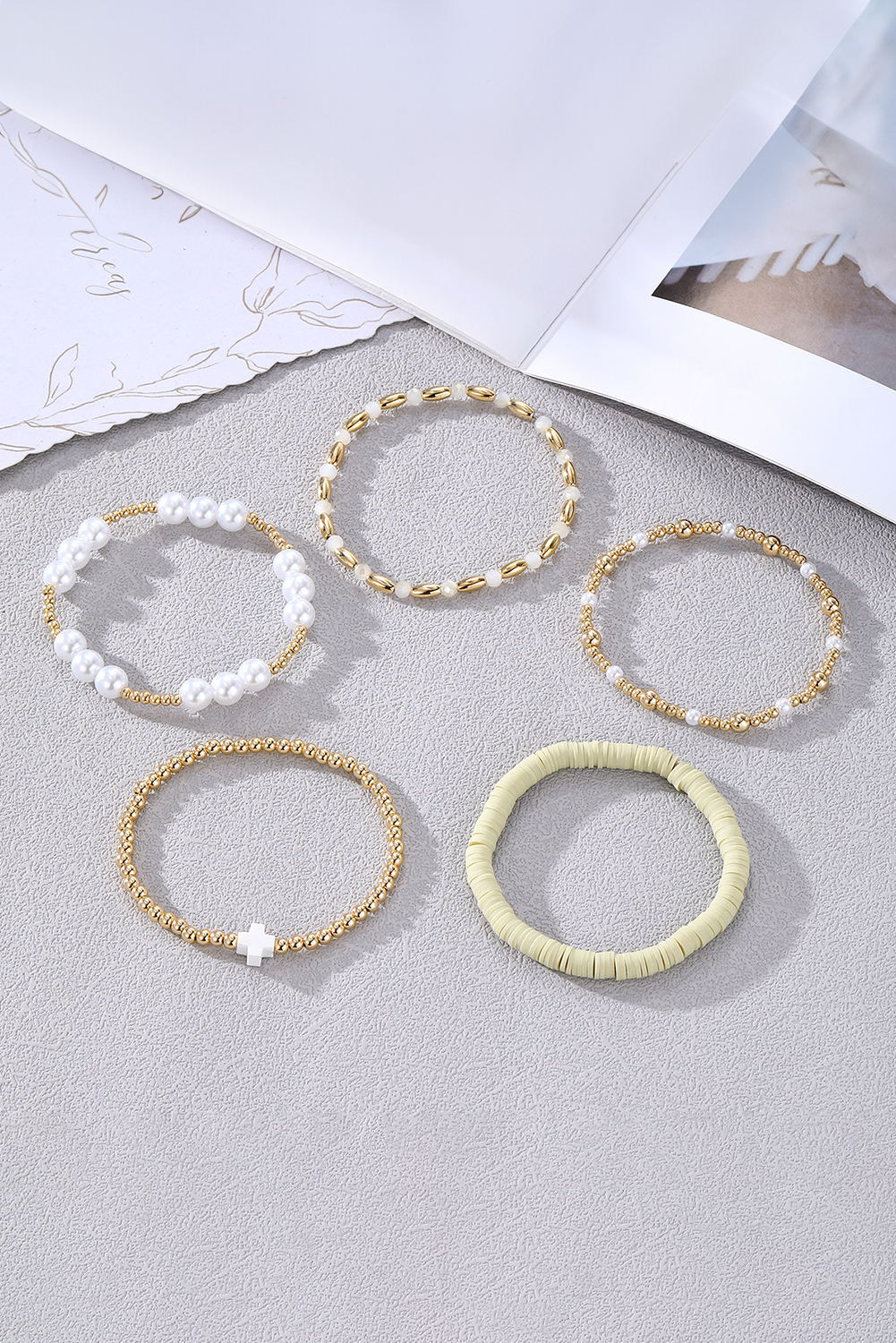 Gold Plated Beading Pearl Detail 5pcs Elastic Bracelet Set - loveforevers