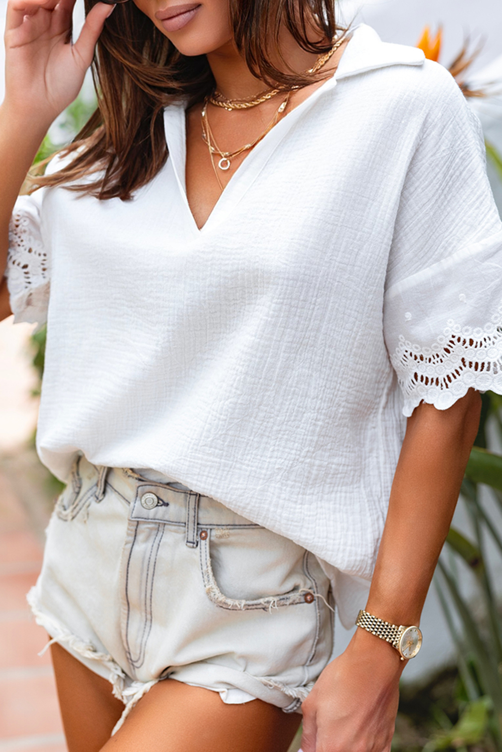 White Crinkled Lace Splicing Sleeve Collared V Neck Blouse - loveforevers
