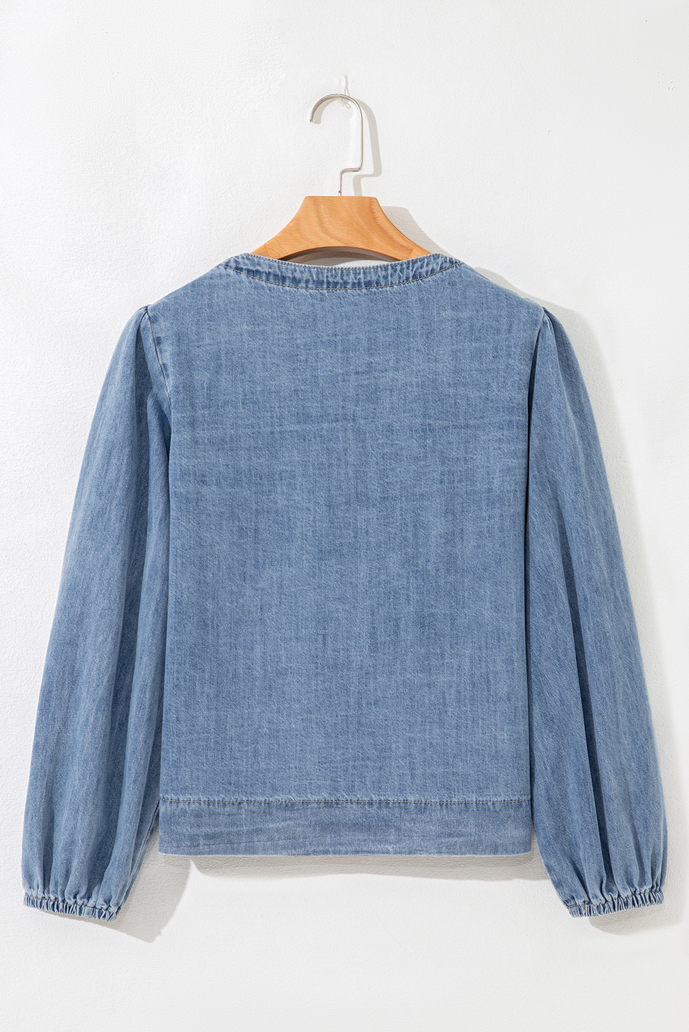 Dusk Blue Tied Front Long Puff Sleeve Denim Top - loveforevers
