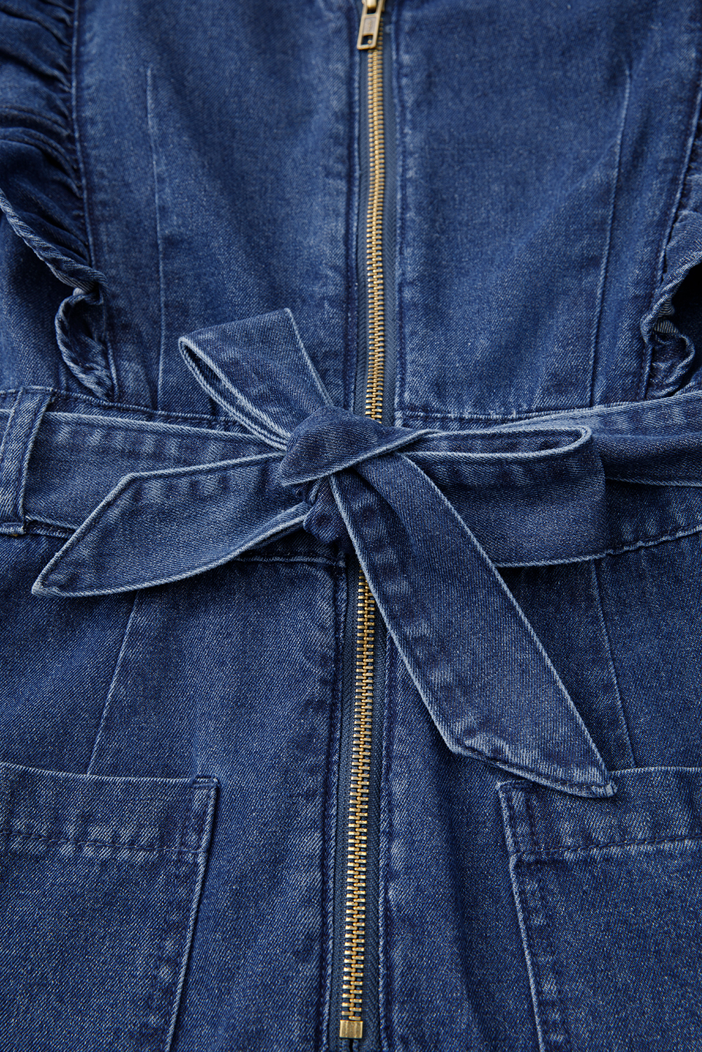 Sail Blue Denim Ruffled Zipped Front Belted Romper - loveforevers