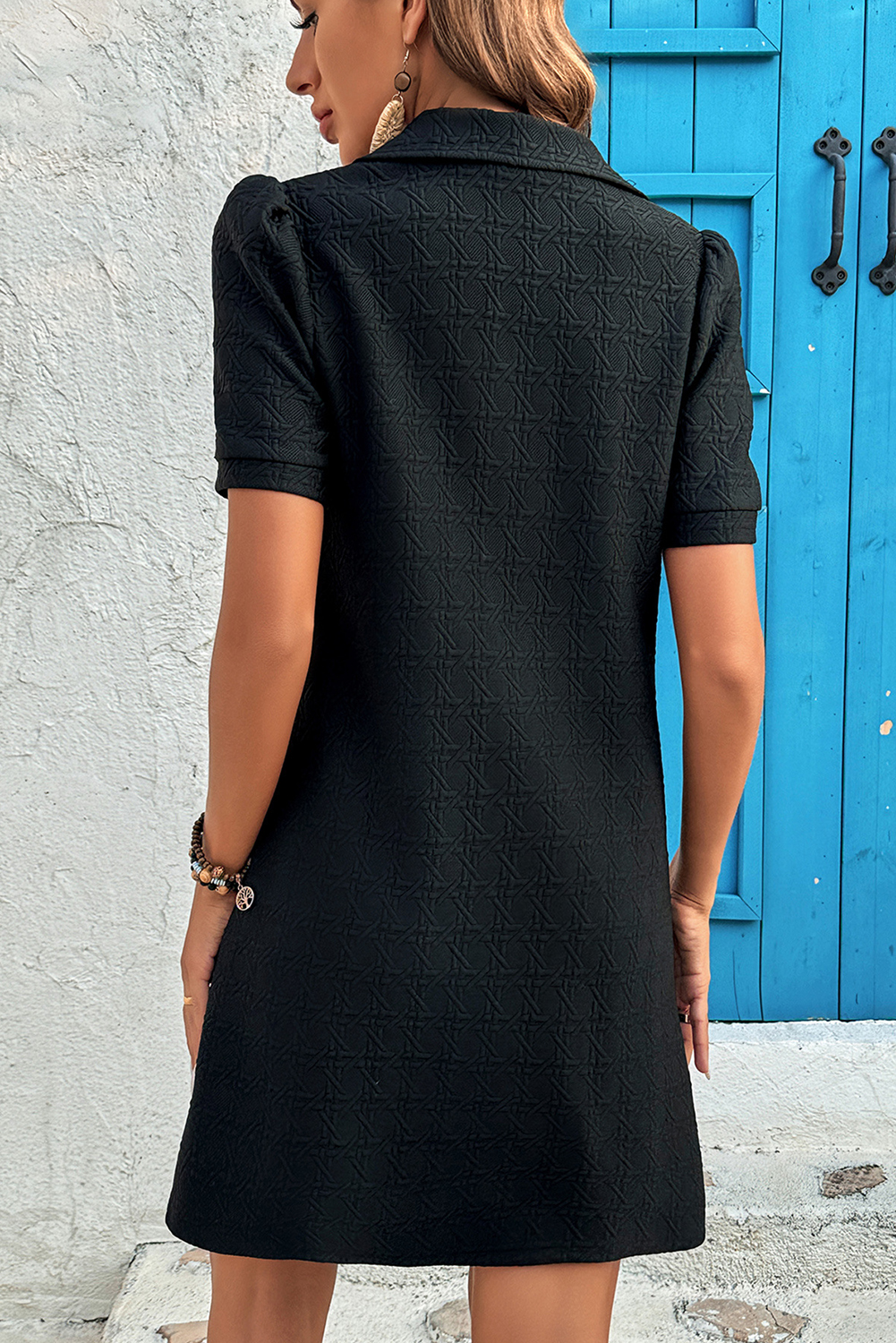 Black Textured Zipped Collar Shift Polo T Shirt Dress - loveforevers