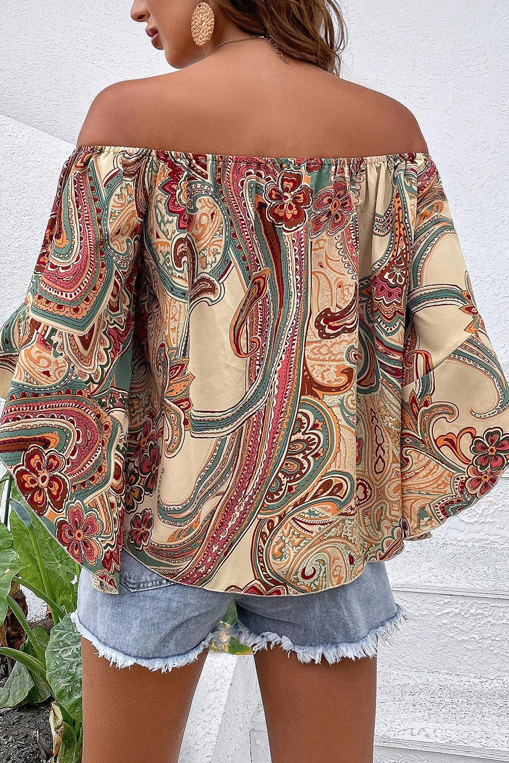 Apricot Paisley Printed Shirred Off Shoulder Ruffled Draped Sleeve Blouse - loveforevers