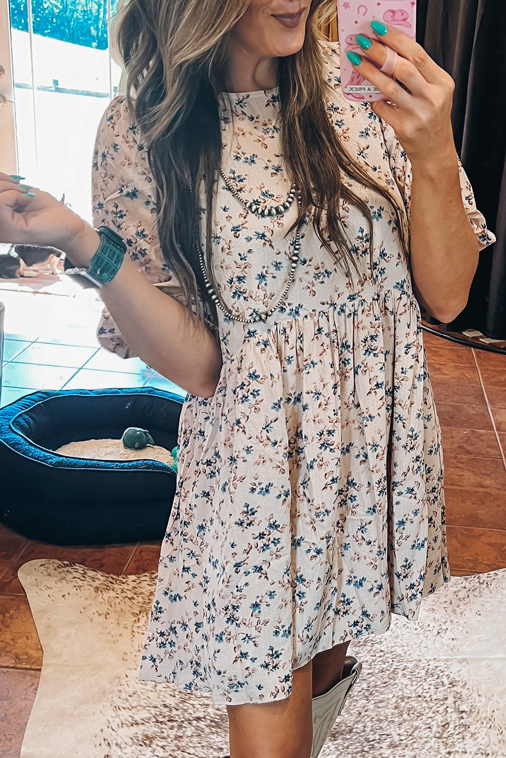 Beige Floral Puff Short Sleeve Empire Waist Mini Dress - loveforevers