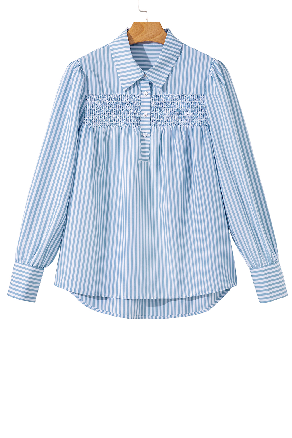 Sky Blue Stripe Shirred Detail Half Placket Collared Long Sleeve Fall Shirt - loveforevers