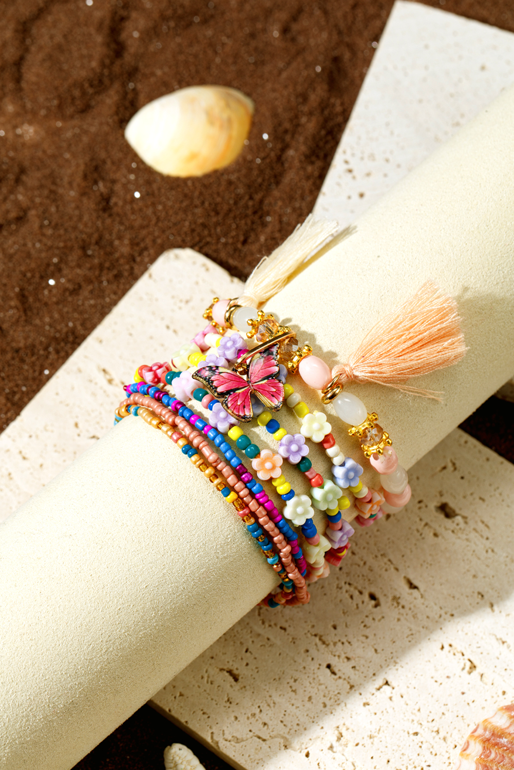 Peach Blossom 7pcs Handmade Beaded Bohemian Style Butterfly Tassel Bracelet Set - loveforevers