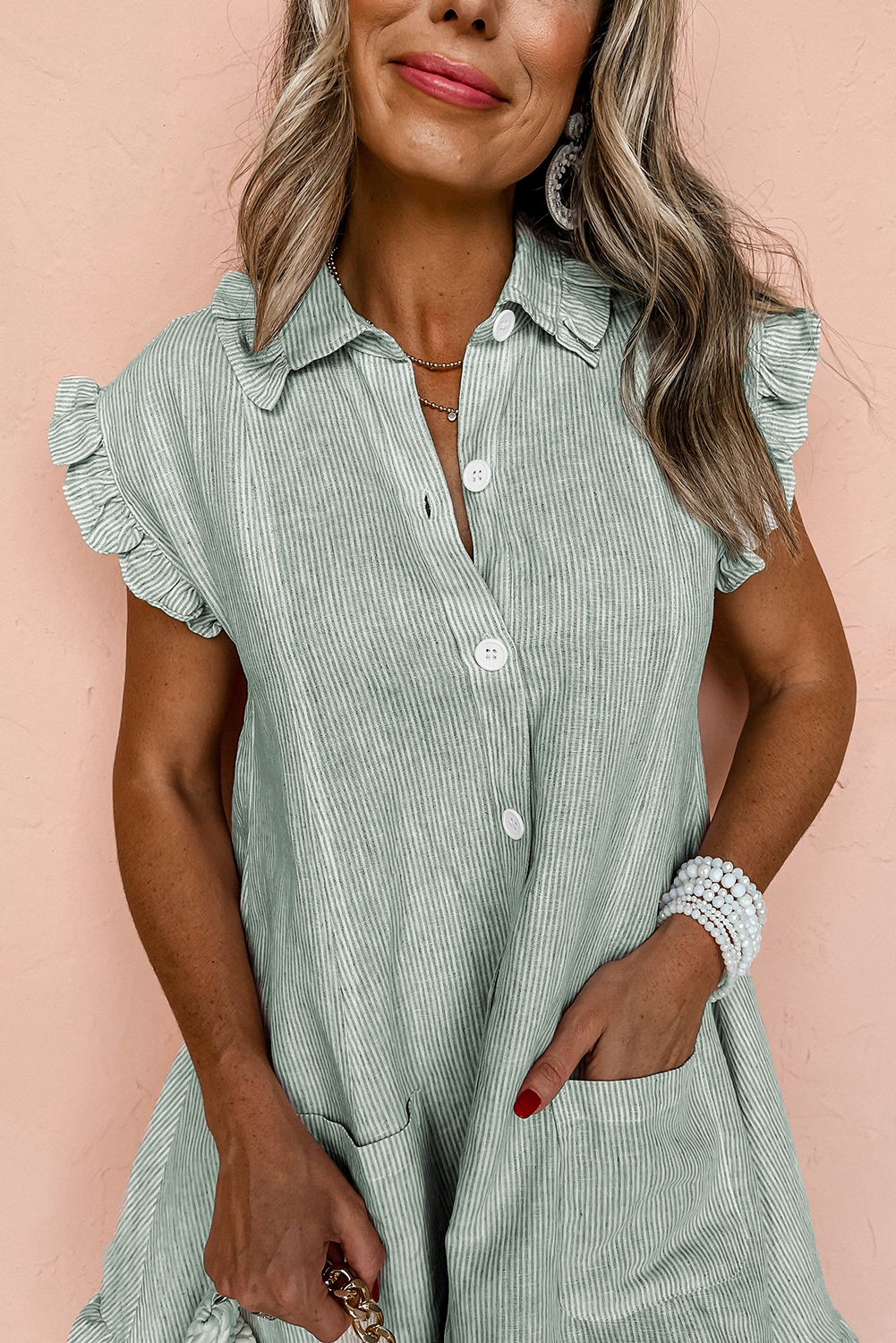 Green Stripe Frilled Sleeveless Collar Front Pocket Button Up Mini Dress - loveforevers