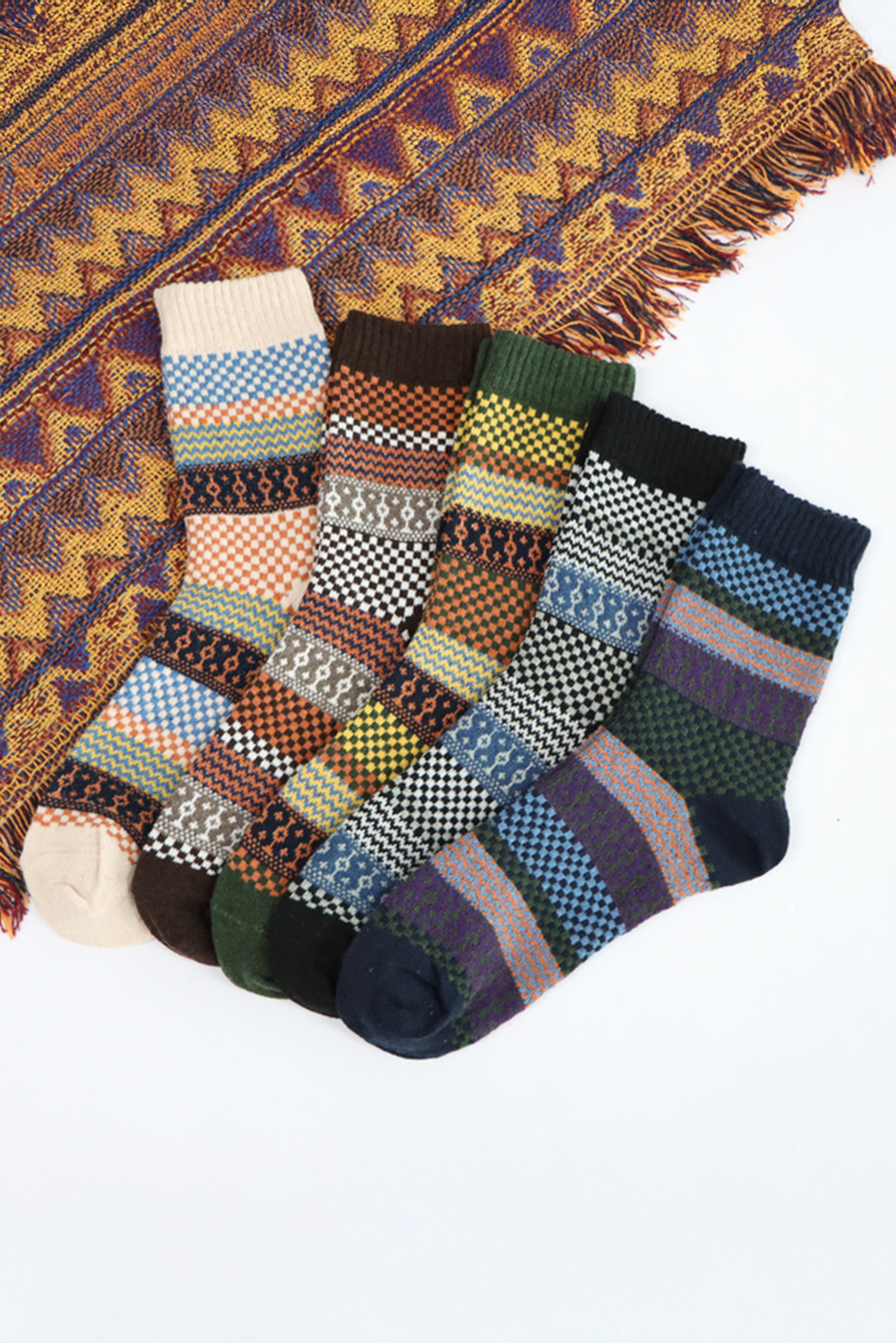 Brown Boho Checkered Pattern Soft Crew Socks Set - loveforevers