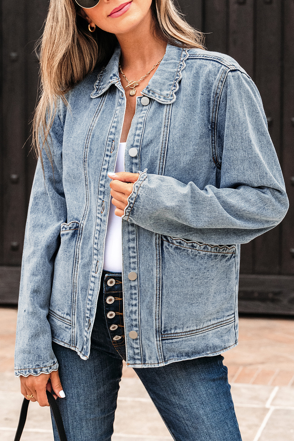 Myosotis Scallop Trim Collar Patched Pocket Button Up Mineral Washed Denim Jacket - loveforevers