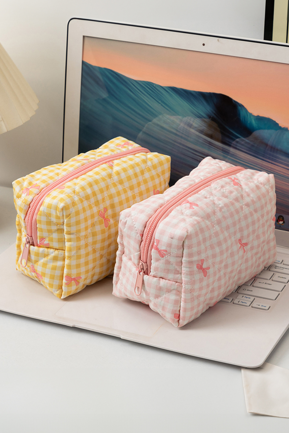 Pink Sweet Bow Knot Print Quilted Zipper Cosmetic Bag - loveforevers