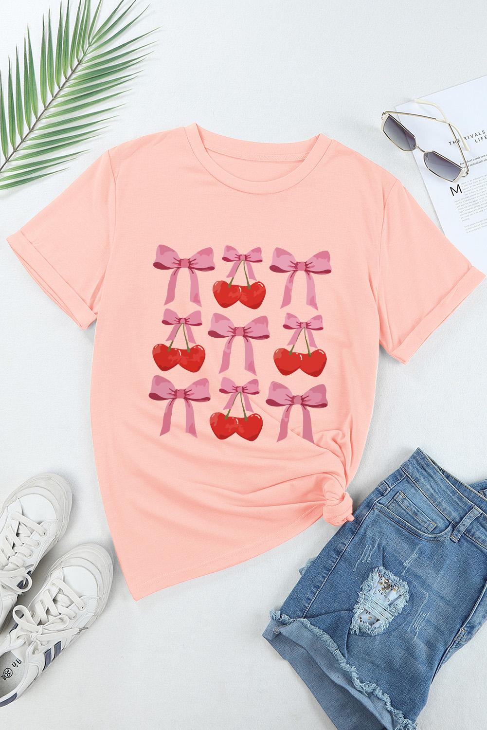 Pink Bow Cherry Print Crew Neck Casual T Shirt - loveforevers