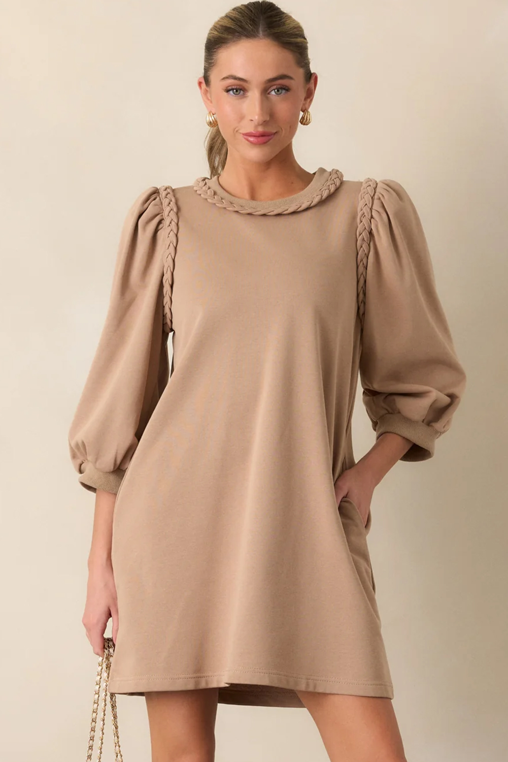Light French Beige Braided Trim Puff Sleeve Dress - loveforevers