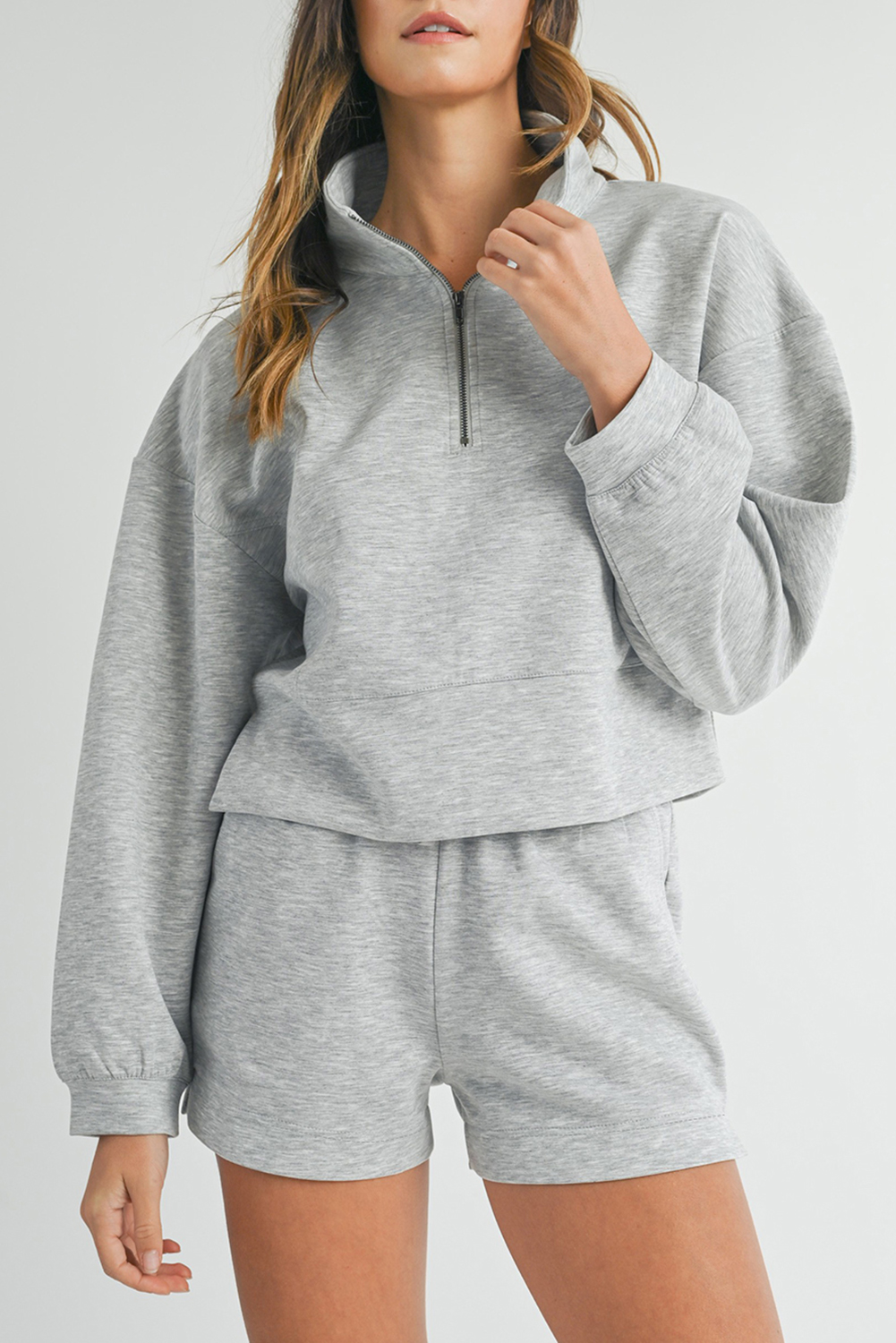 Light Grey Stand Neck Zipped Sweatshirt and Shorts Set - loveforevers