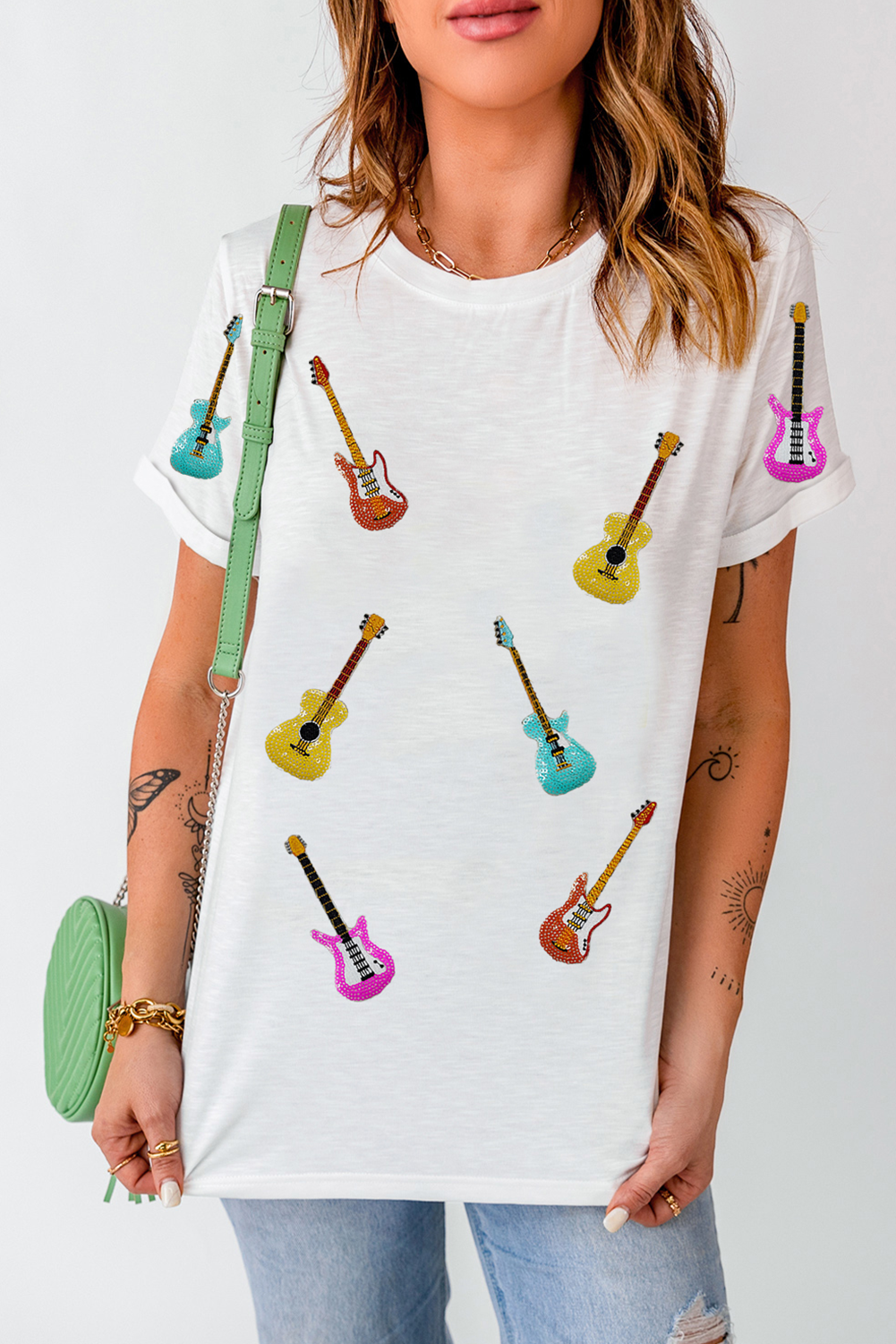 White Guitar Patched Graphic Crew Neck Tee - loveforevers