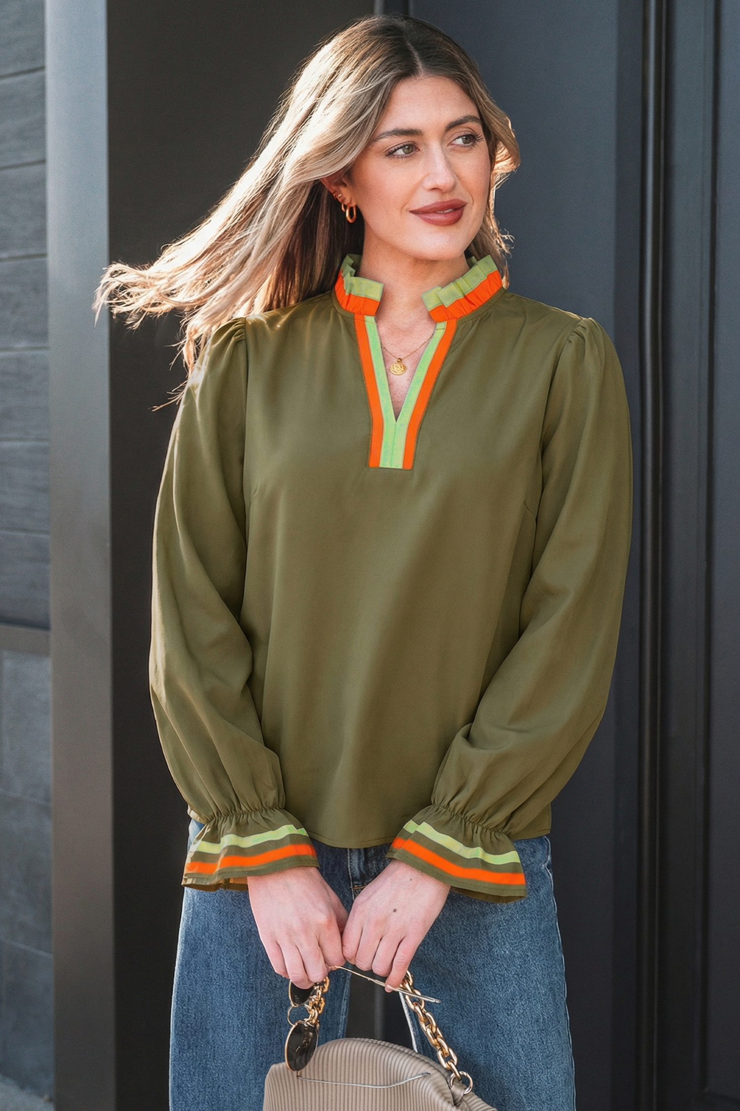 Four Leaf Clover Striped Trim Ruffle Split Neck Long Sleeve Blouse - loveforevers