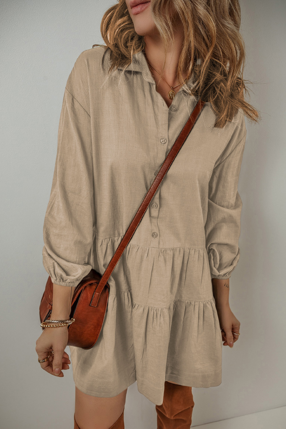 Jungle Green Puff Sleeve Buttoned Tiered Pleated Shirt Mini Dress - loveforevers