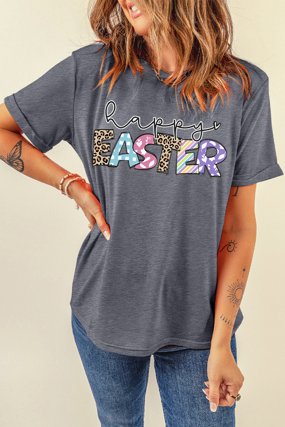 Gray Happy EASTER Lettering Graphic Crewneck Tee - loveforevers