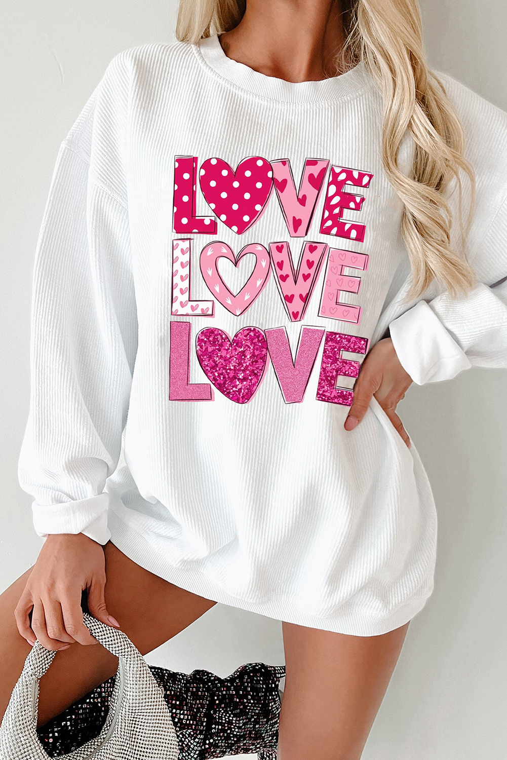 White Heart LOVE Graphic Corded Valentines Pullover Sweatshirt - loveforevers