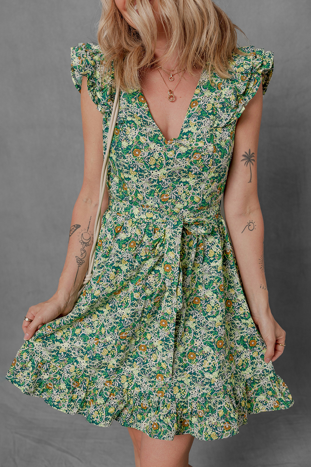 Green Flower Print Flutter Sleeve V Neck Sashed Ruffled Mini Dress - loveforevers
