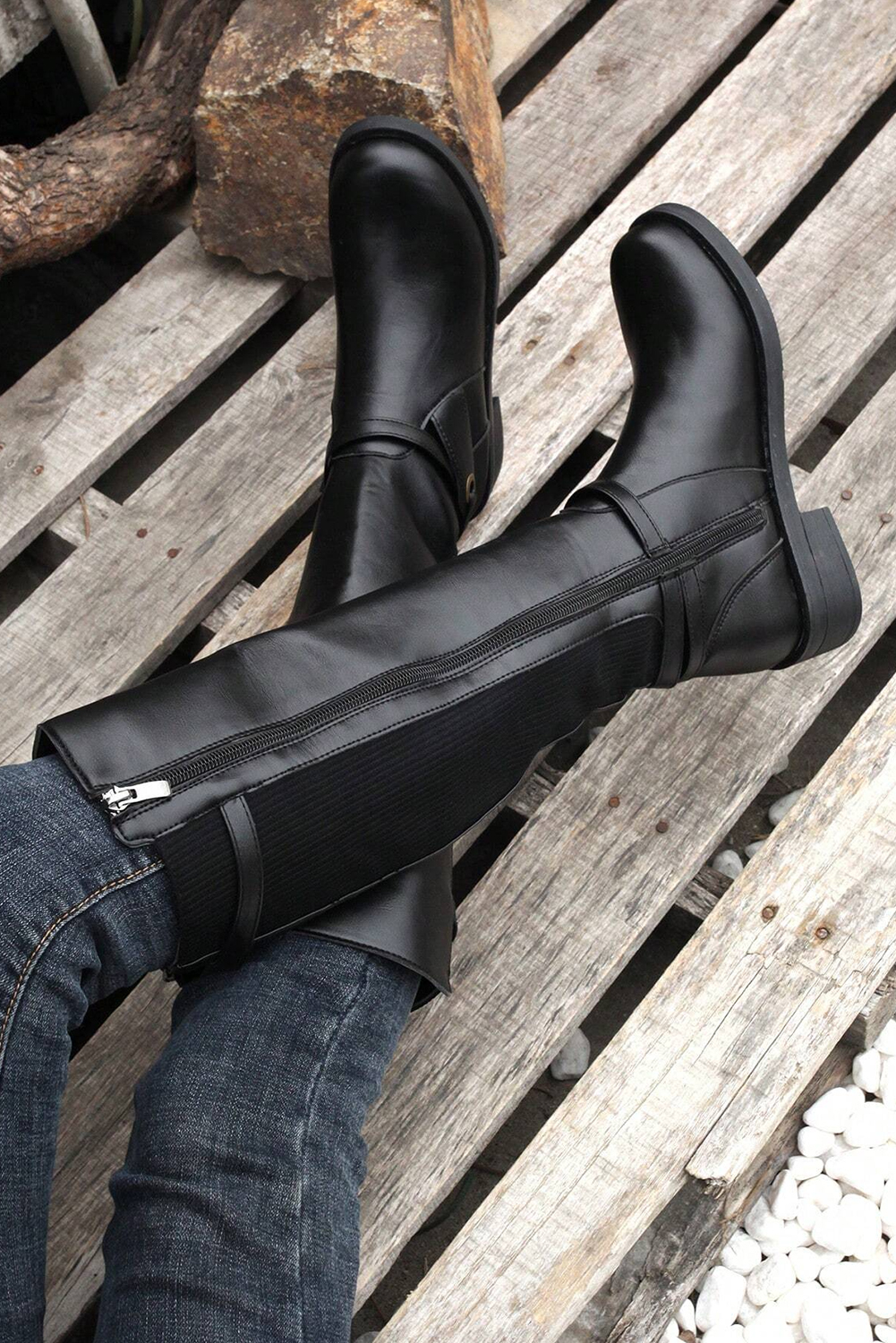 Black Side Zipper Knee High Chunky Low Heel Boots - loveforevers