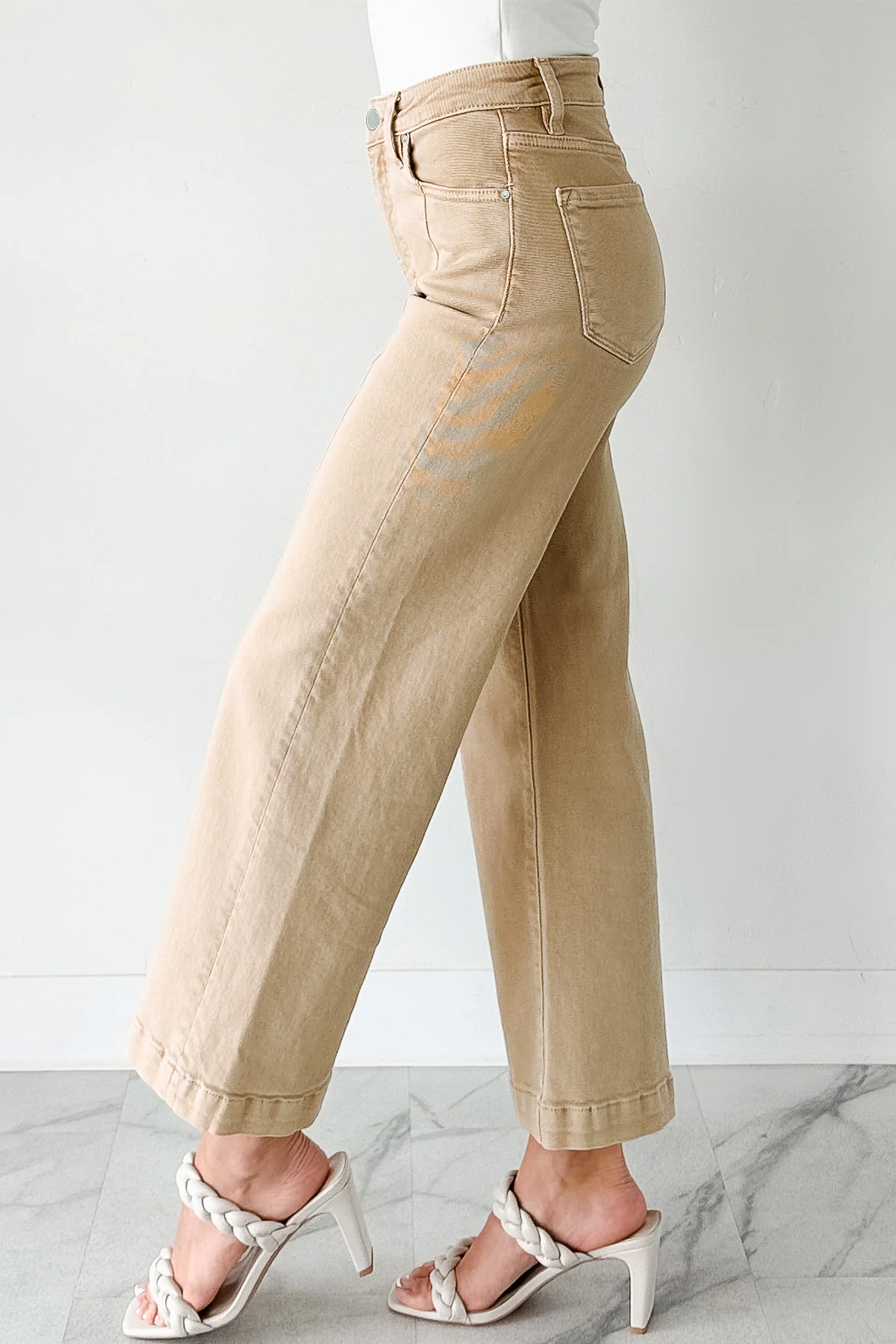 Apricot Solid Color Seamed Center Wide Leg Cropped Jeans - loveforevers