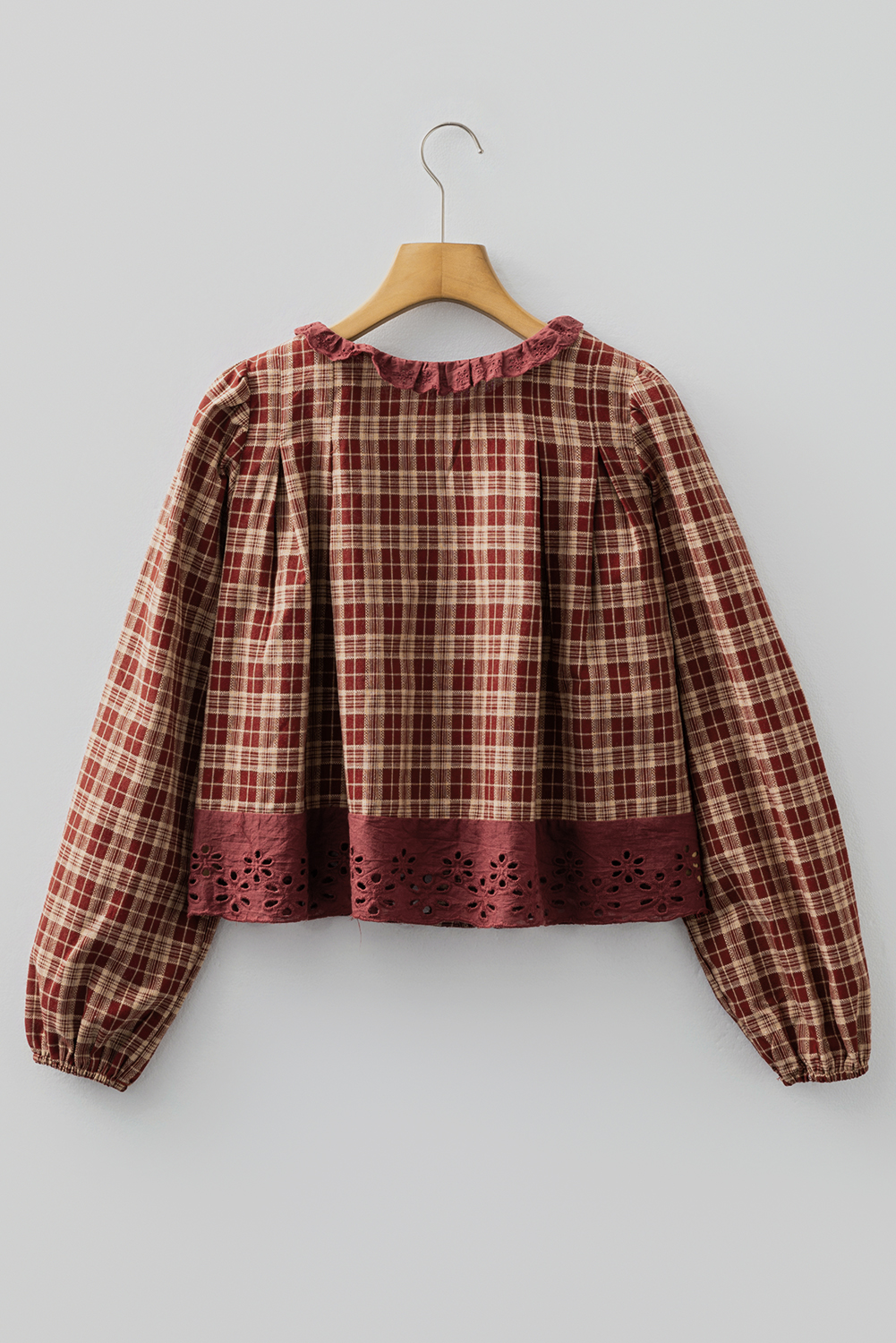 Red Dahlia Plaid Eyelet Lace Trim Button Down Loose Long Sleeve Shirt - loveforevers
