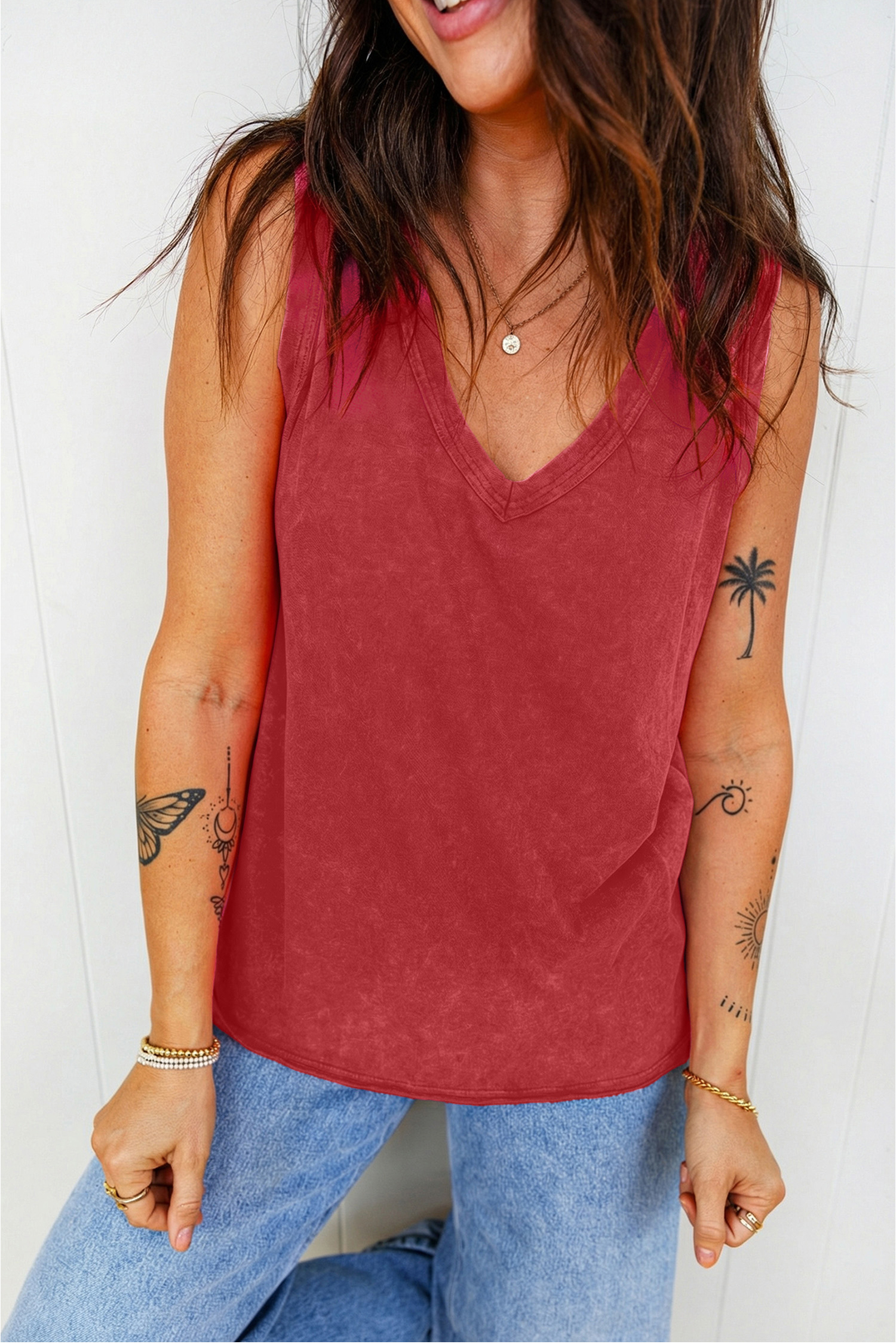Red Dahlia Mineral Wash V Neck Tank Top - loveforevers