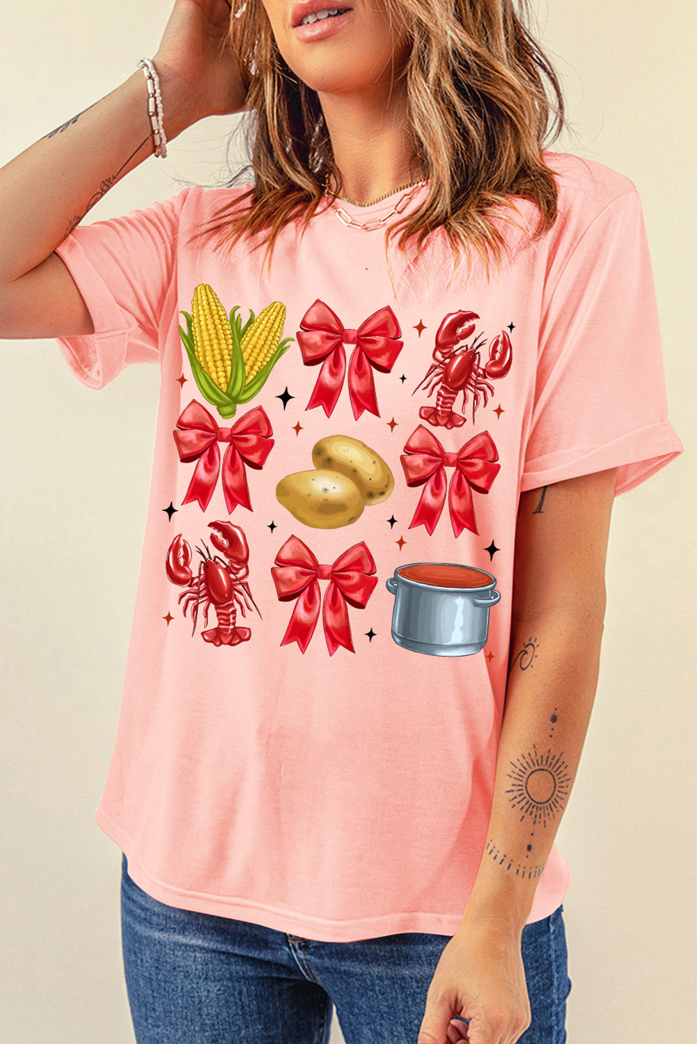 Pink Summer Food Bow Crawfish Printed T Shirt - loveforevers
