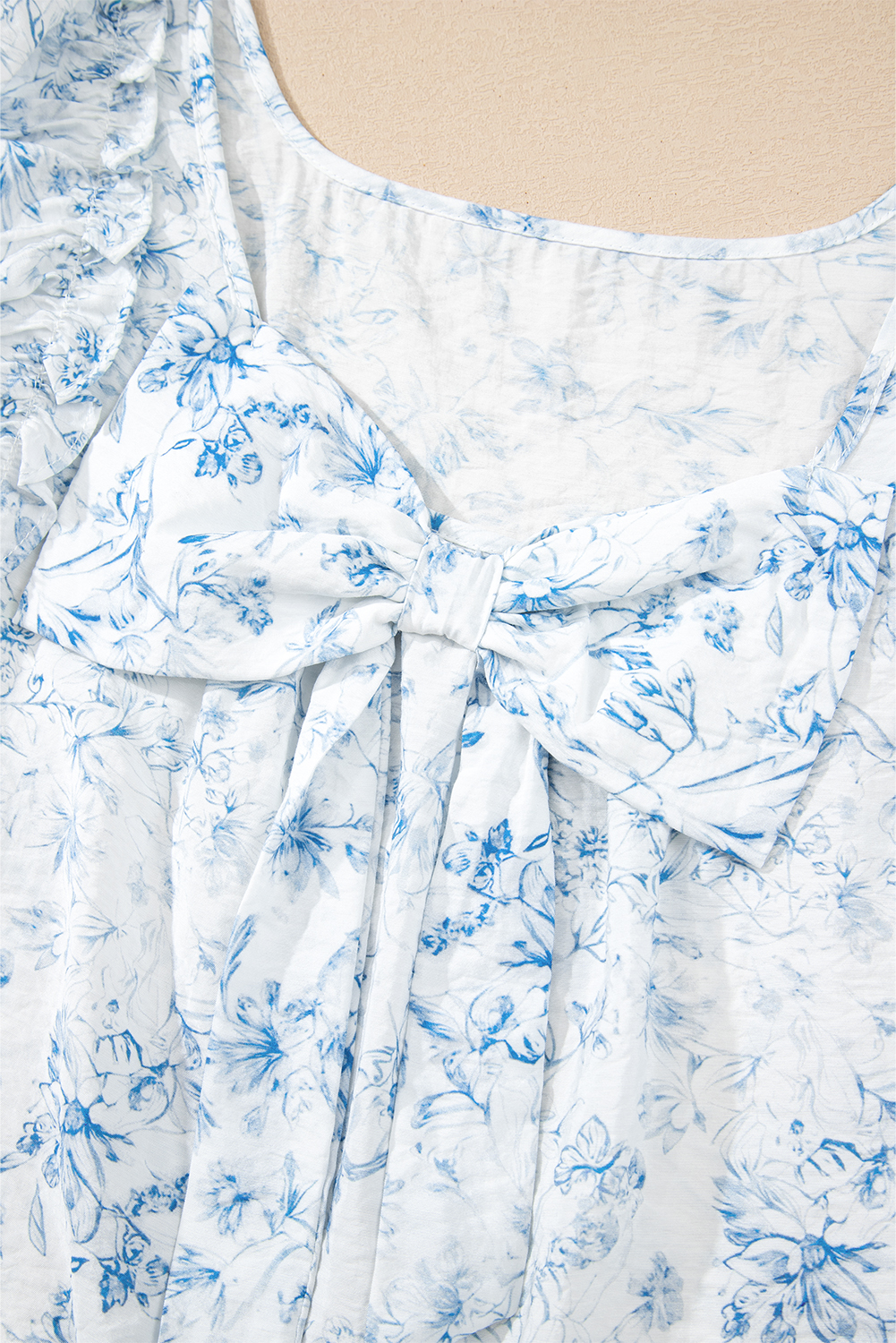 Beau Blue Textured Bow Knot Frilled Butterfly Sleeve Blouse - loveforevers